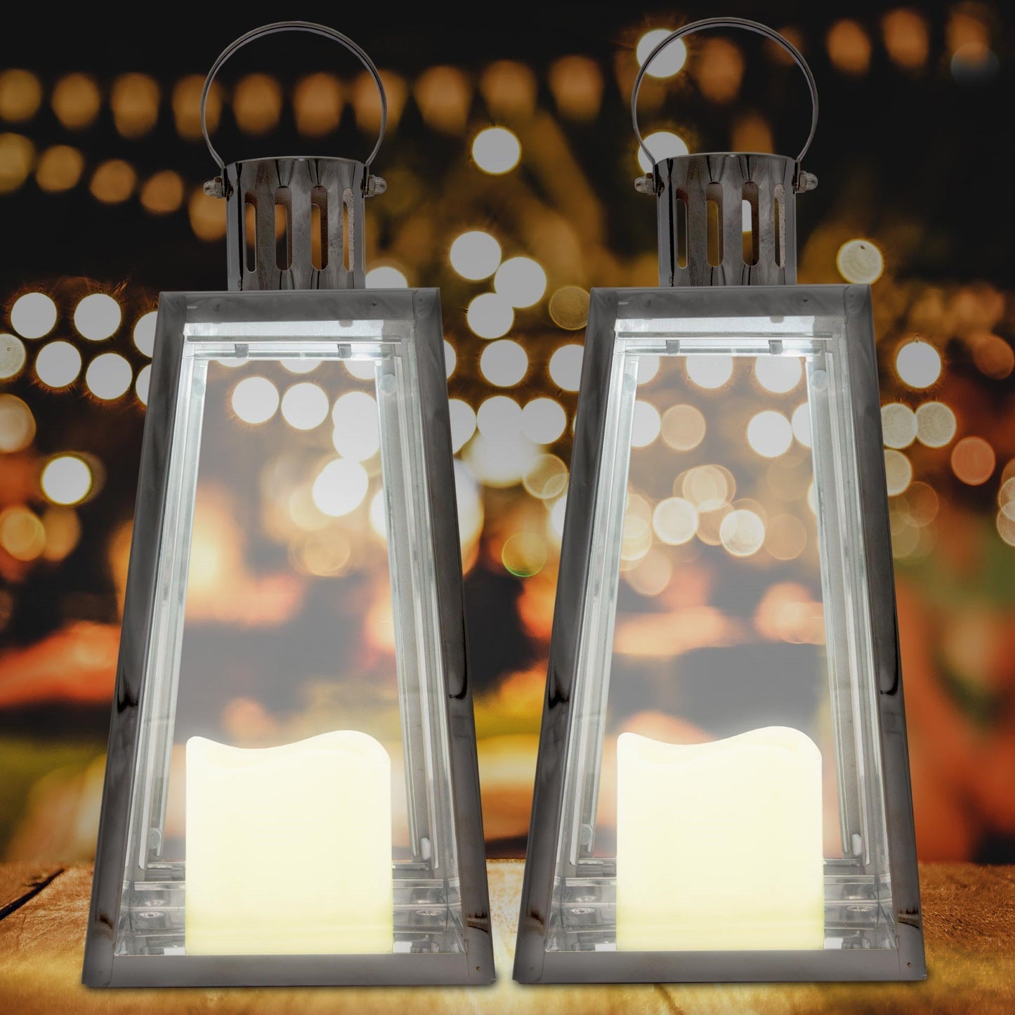 Lewis's Triangular Lanterns Candle Holders with Candles Set of 2 Large- 14.5x13.5x28.5cm