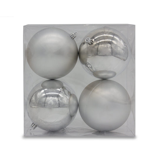 Christmas Sparkle Pack of 4 Shatterproof 10cm Baubles - 2 x Matt, 2 x Shiny in Silver