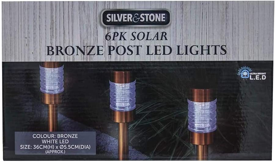 Silver & Stone Solar Powered Bronze Copper Post Lights Pack of 6 with White LEDs