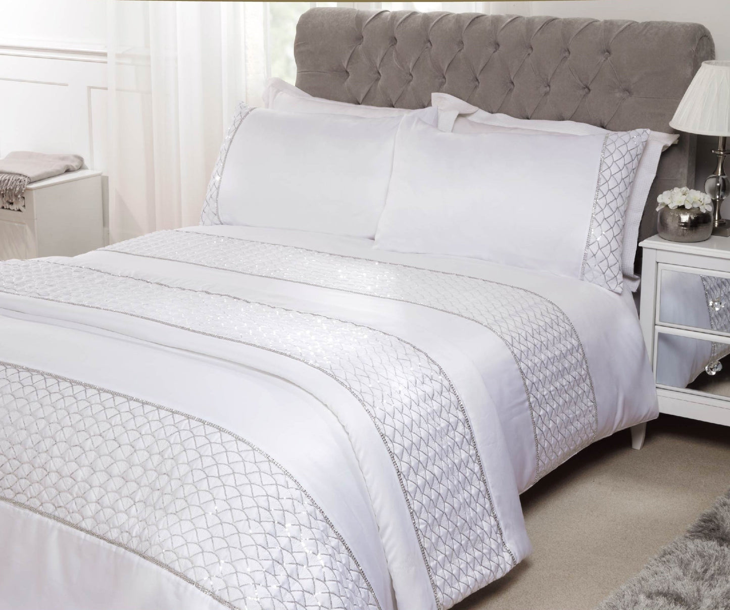 Charlotte Sequin Panel Luxury Duvet Set - White