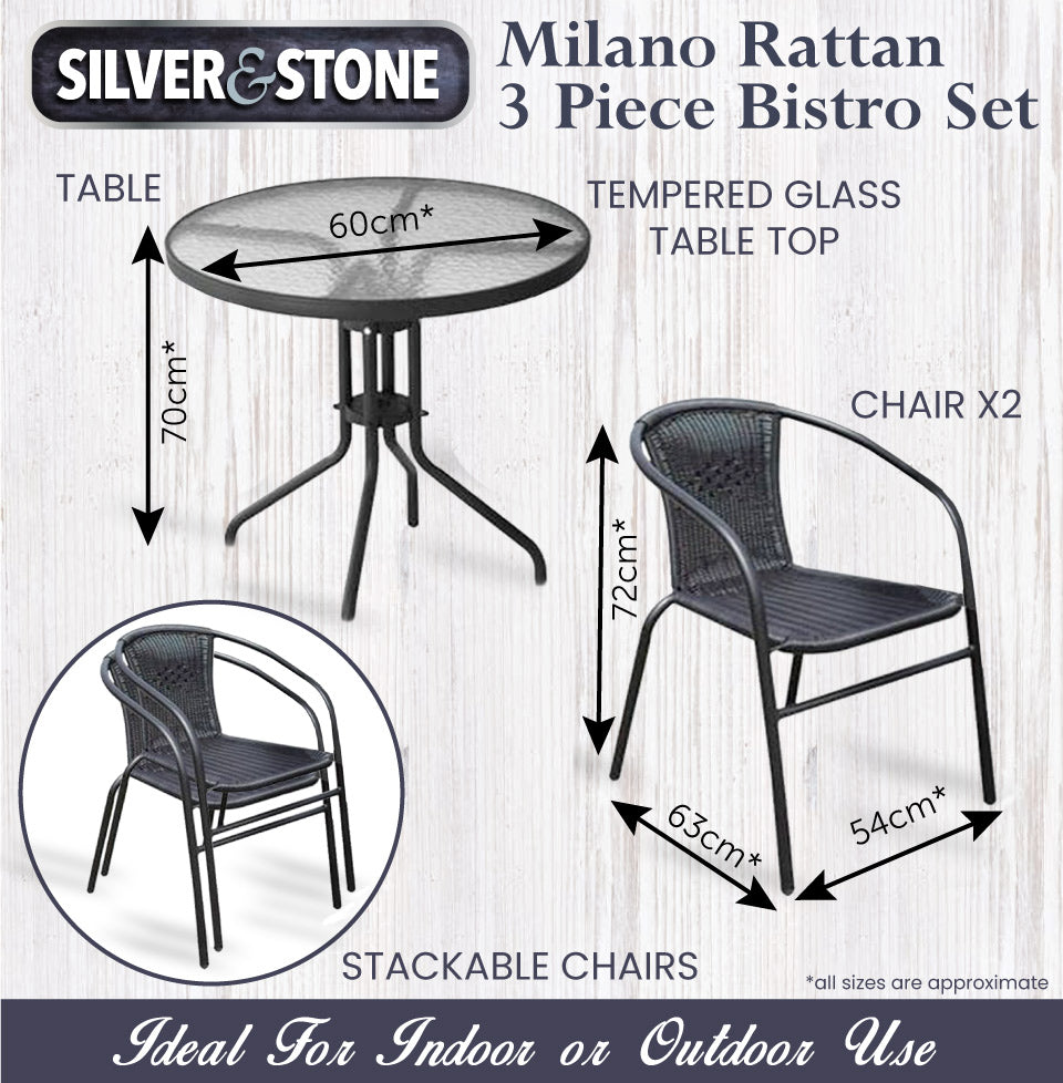 Silver & Stone Milano Rattan Bistro 3 Piece Furniture Set - Black