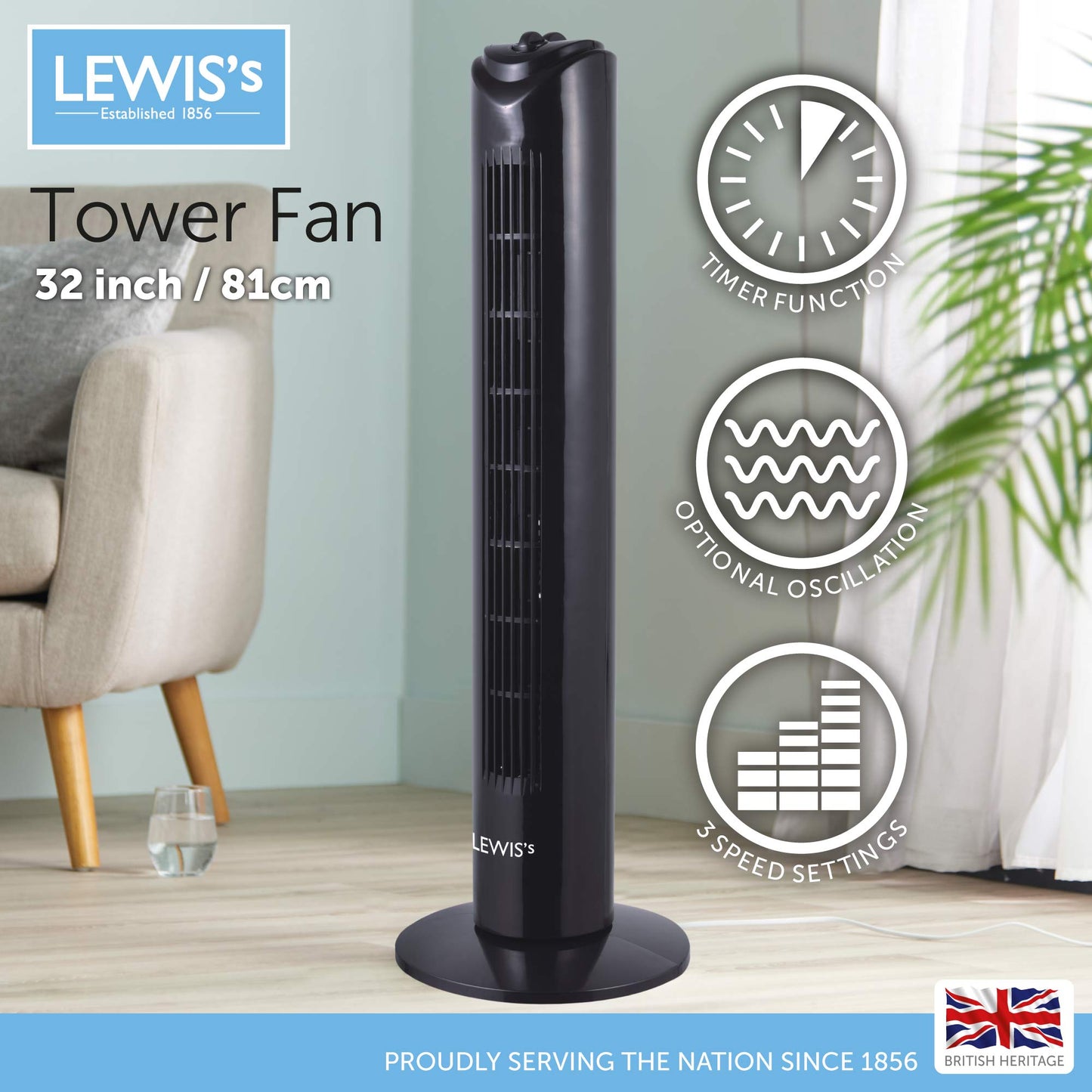 Lewis's 32 Inch Tower Fan - Black