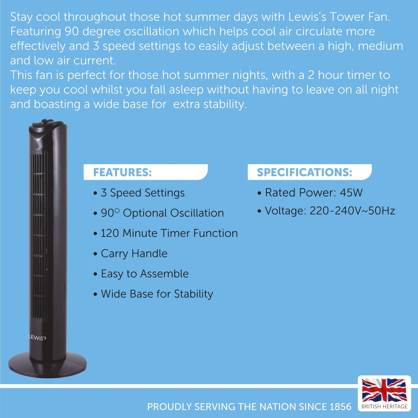 Lewis's 32 Inch Tower Fan - Black