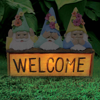 Silver & Stone Outdoor Solar Welcome Sign with Jinxie Gnomes