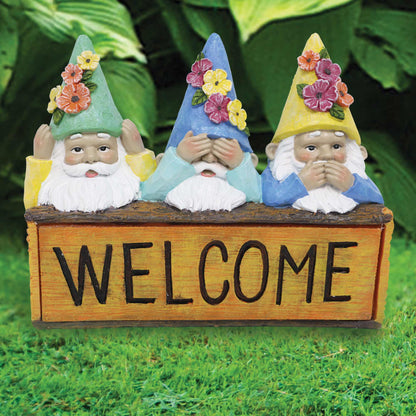 Silver & Stone Outdoor Solar Welcome Sign with Jinxie Gnomes