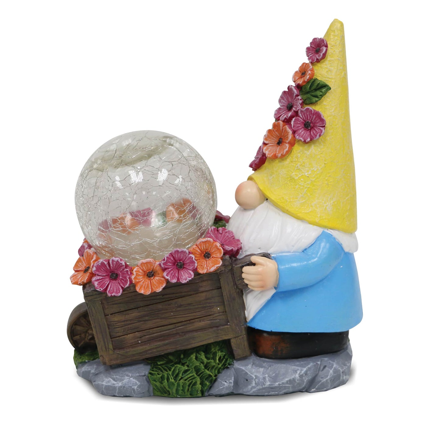 Silver & Stone Outdoor Solar Jinxie Wheelbarrow Gnome with Crackle Ball Solar Effect- Yellow Hat with Pink Flowers