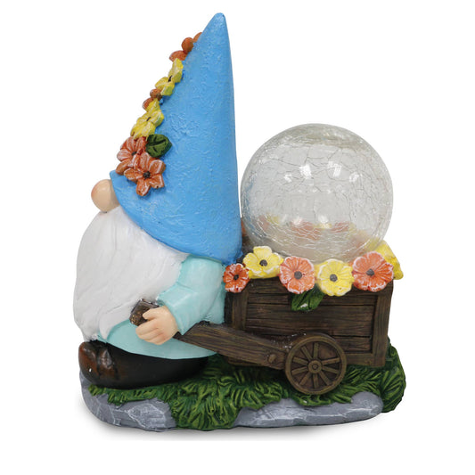 Silver & Stone Outdoor Solar Jinxie Wheelbarrow Gnome with Crackle Ball Solar Effect- Blue Hat with Yellow Flowers