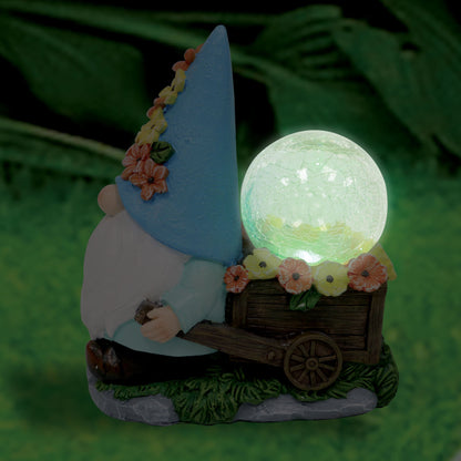 Silver & Stone Outdoor Solar Jinxie Wheelbarrow Gnome with Crackle Ball Solar Effect- Blue Hat with Yellow Flowers