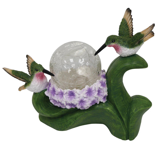 Silver & Stone Outdoor Solar Ornament Hummingbirds with Crackle Ball - Purple Flowers