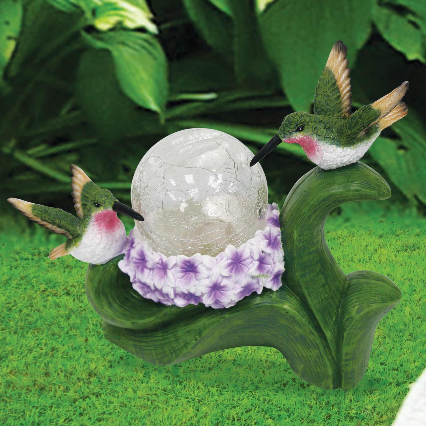Silver & Stone Outdoor Solar Ornament Hummingbirds with Crackle Ball - Purple Flowers
