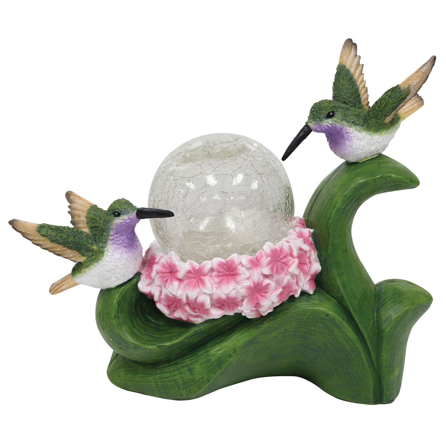 Silver & Stone Outdoor Solar Ornament Hummingbirds with Crackle Ball - Pink Flowers