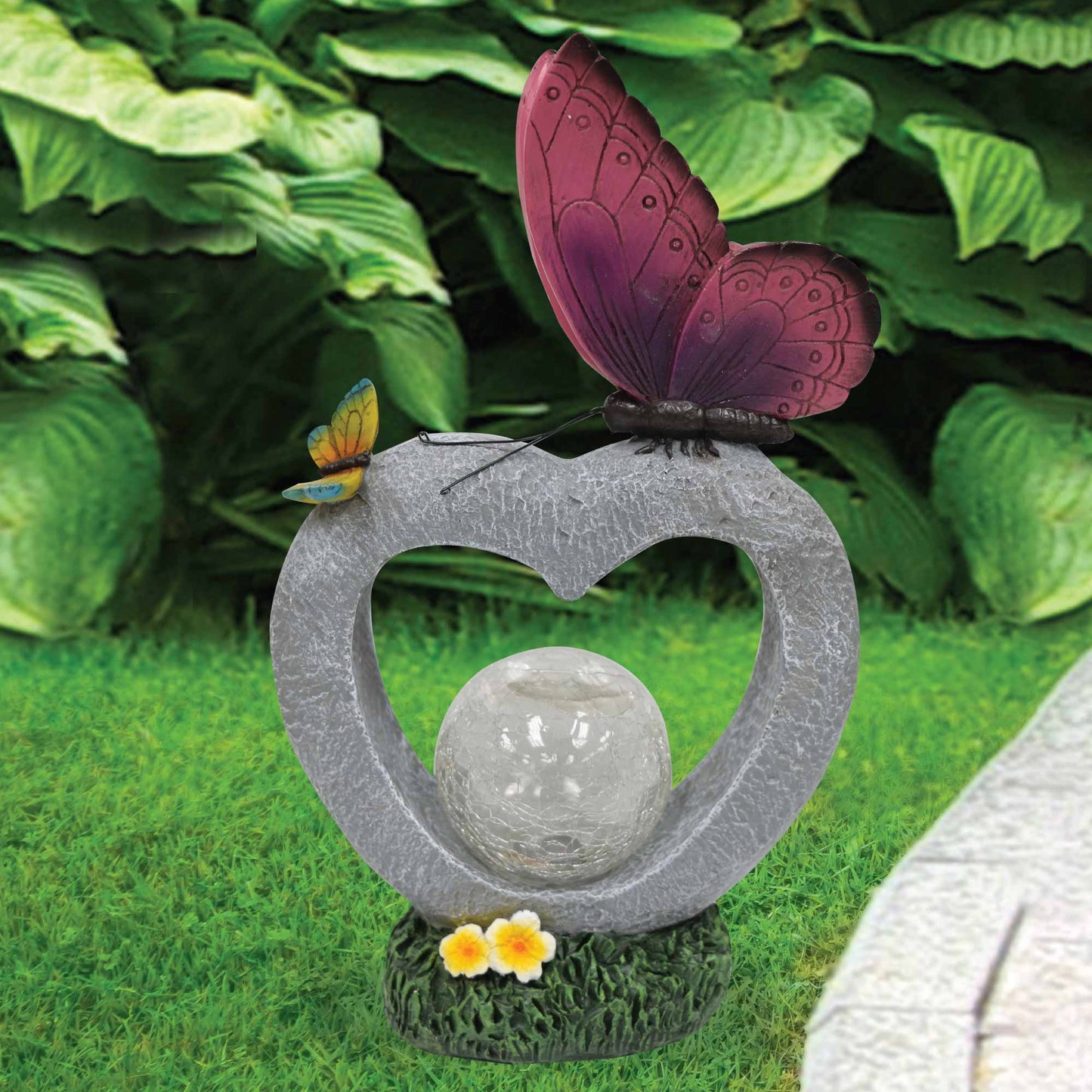 Silver & Stone Outdoor Butterfly Ornament with Solar Crackle Effect Ball - Purple Butterfly