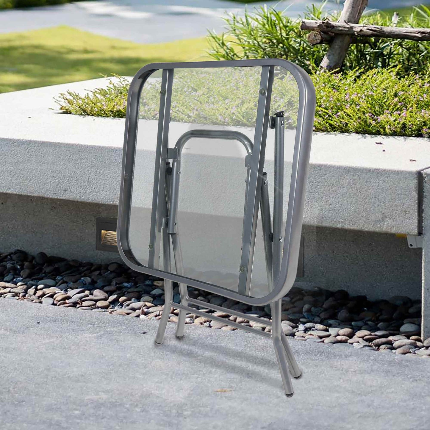 Silver & Stone Folding Side Table with Glass Top 40cm x 40cm x 46cm