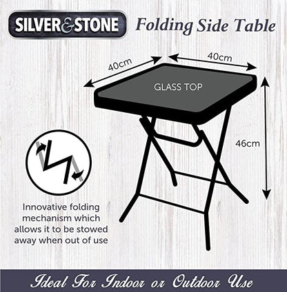 Silver & Stone Folding Glass Side Table 40 x 40 x 46cm - Black - Indoor or Outdoor