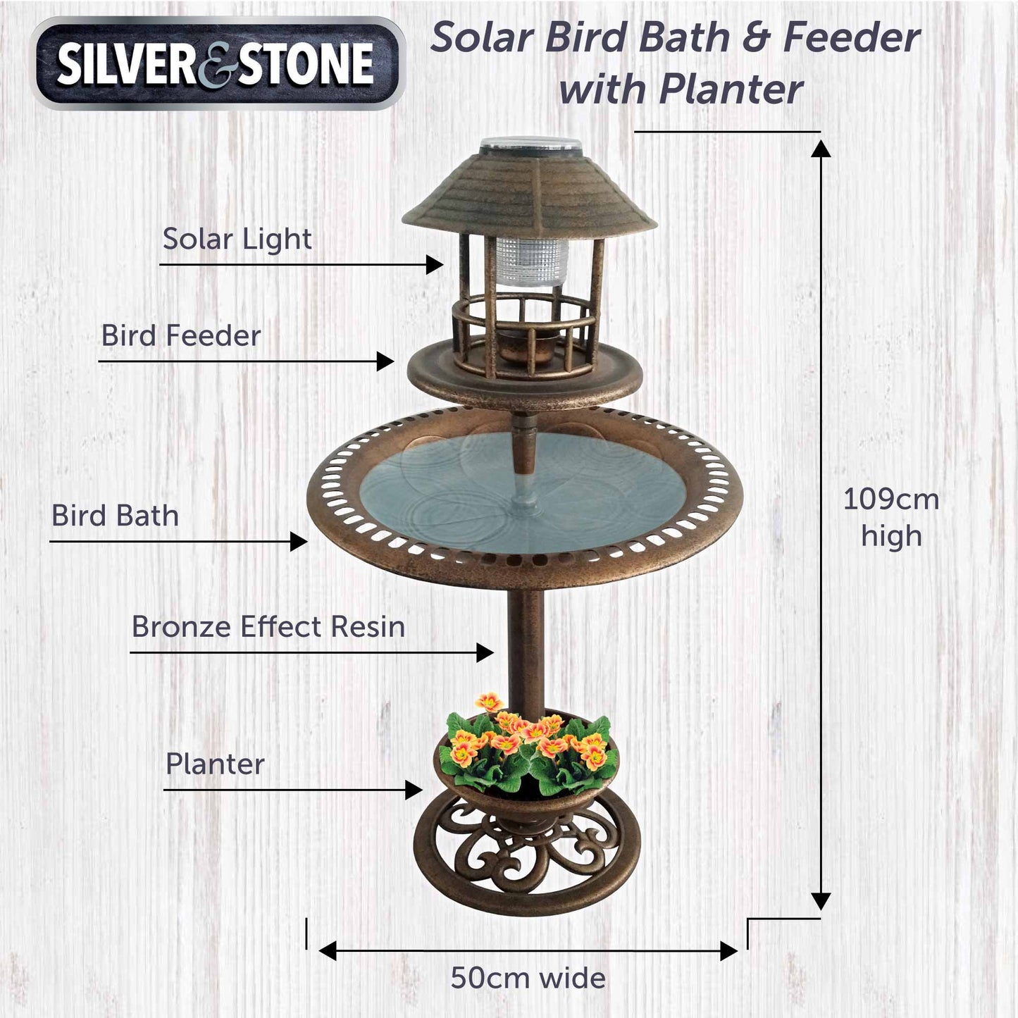 Silver & Stone Solar Bird Bath & Feeder 109cm