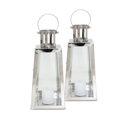 Lewis's Triangular Lanterns Candle Holders with Candles Set of 2 Medium - 10.5x10x12cm