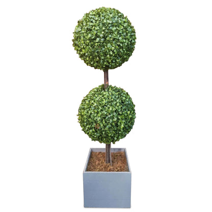 Silver & Stone Artificial Double Buxus Boxwood Ball Tree In Wooden Effect Grey Planter