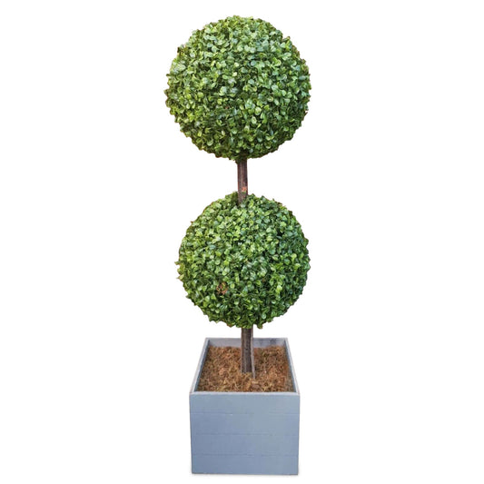 Silver & Stone Artificial Double Buxus Boxwood Ball Tree In Wooden Effect Grey Planter