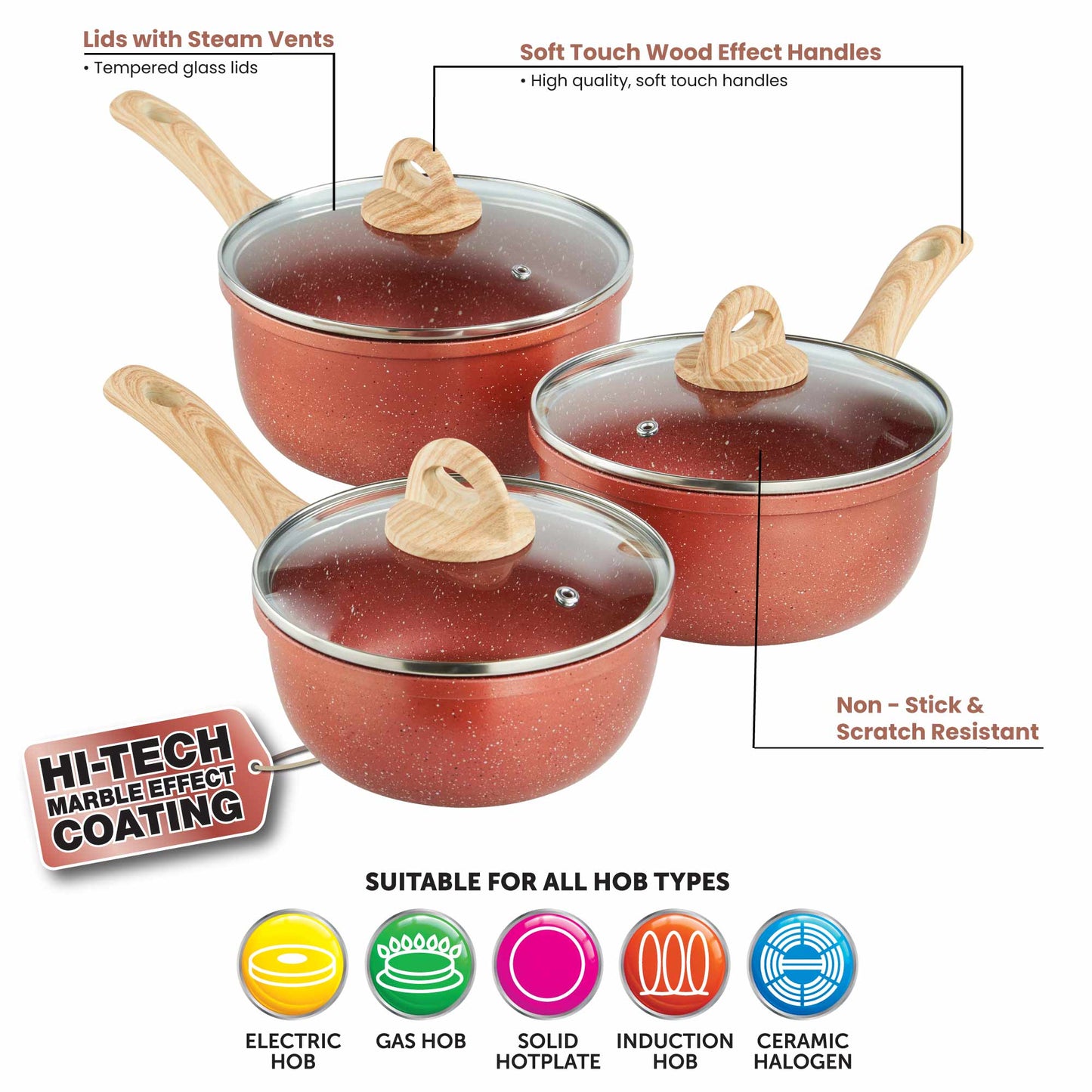 Sovereign Stone Copper 3 Piece Pan Set with Soft Touch Handle Home Kitchen