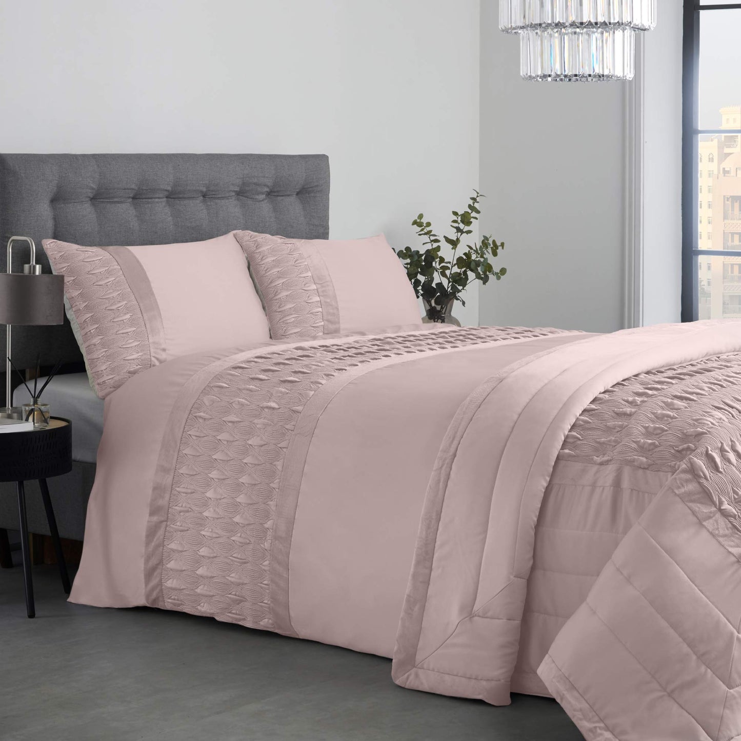 Aria Quilted Satin Panel Luxury Duvet Set - Blush Pink